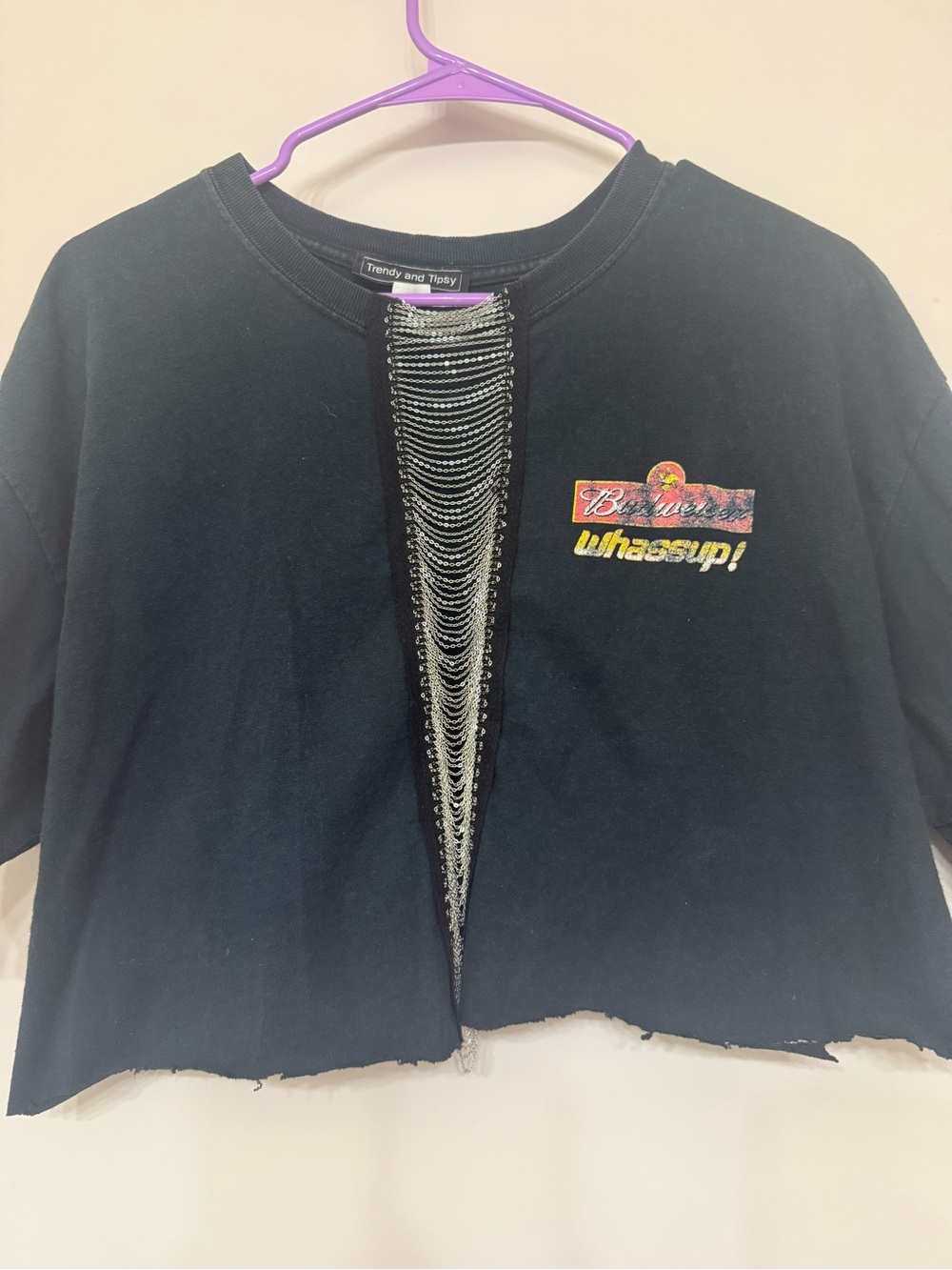 Trendy & Tipsy Vintage Budweiser Reworked Chain Fringe Crop — image 2 of 5